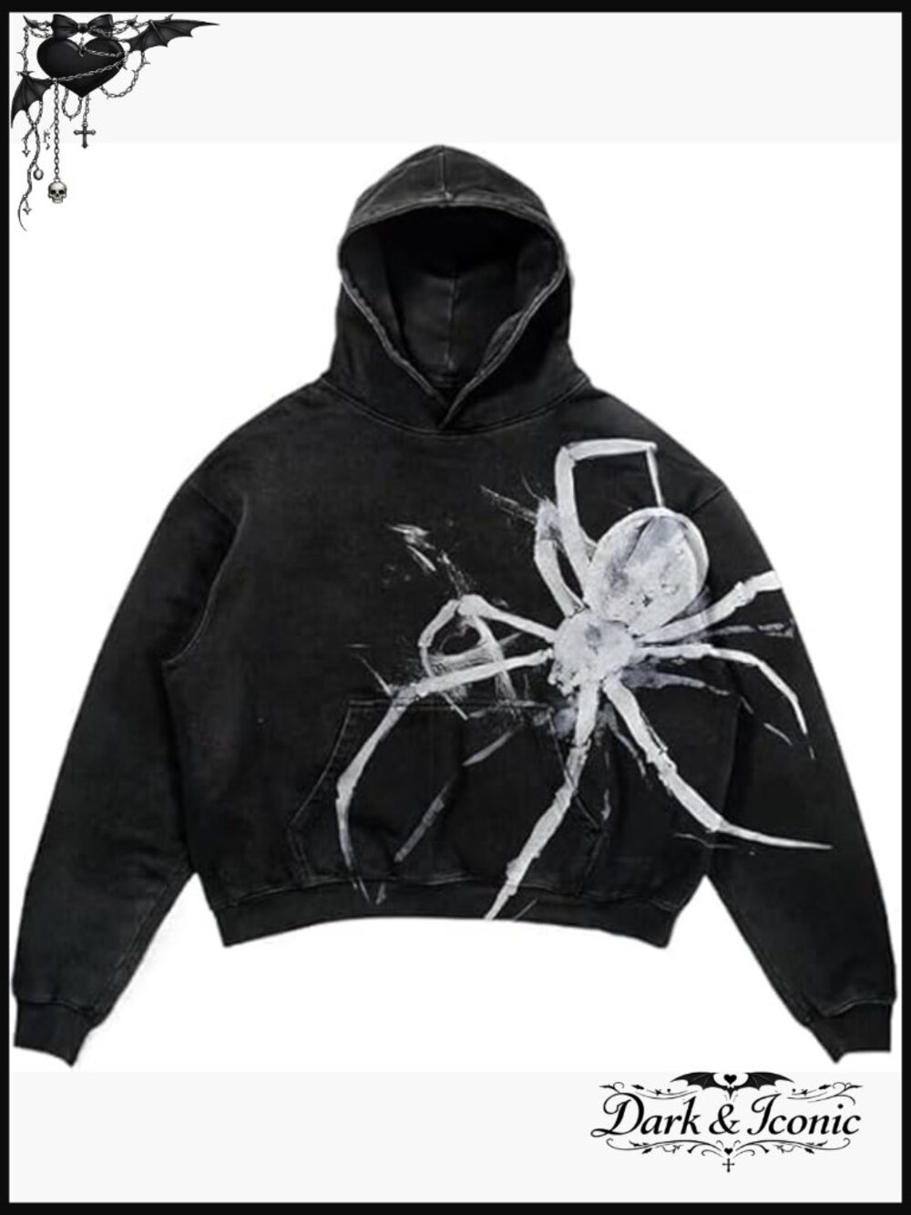 Oversized Cotton Hoodie with Skull Spider Print Long Sleeve Gothic